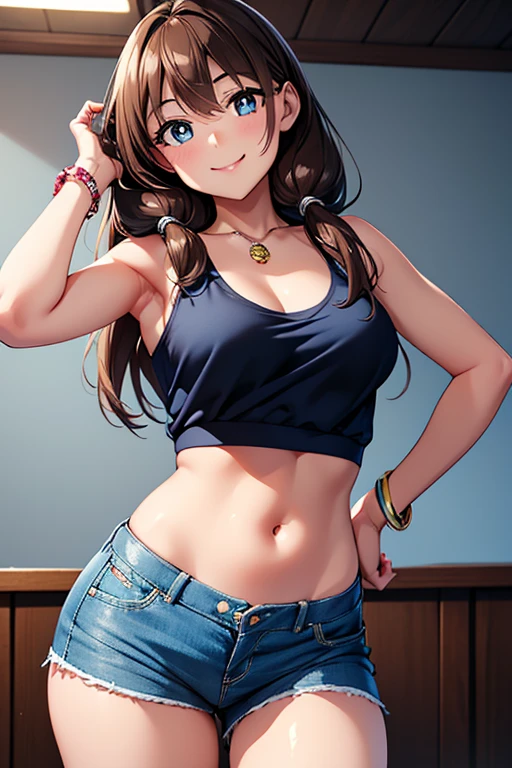 best quality, (masterpiece),(ultra-detailed), (high quality), (high resolution), (2heads:1.5) ((brown long hair)), (larger breasts), cleavage, best quality:1.5, highres, UHD, 4K), smiling, ((blue t shirt)), blue jeans, wearing heeled boots, (detailed glowing blue-green eyes), trousers, (mature woman), casual dress, sexy proportions, (exposed midriff), thighs, Beautiful girl with accentuated slender abs, eyeshadow, ((closeup))