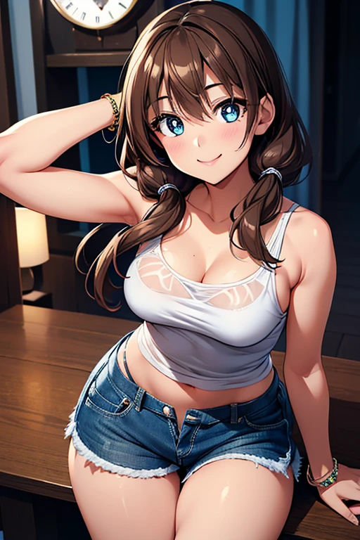 Megumi Amano、Shiny brown hair, Twin tails, Beautiful Blue Eyes、Small waist、Small breasts、Modest chest、smile、Sparkling eyes, (fine grain)、Very fine eye、Very detailed顔, Very detailed目, Cowboy Shot、
(masterpiece, Highest quality, Very detailed, High resolution, 4K),(Beautiful attention to detail),(Very detailed顔),(One girl),High resolution,Long Hair, Shorts, bracelet, Tank top, jewelry, clock, lips, Focus Only, Manicure, Blurred background, smile, wristclock, Realistic, Blurred, View your viewers