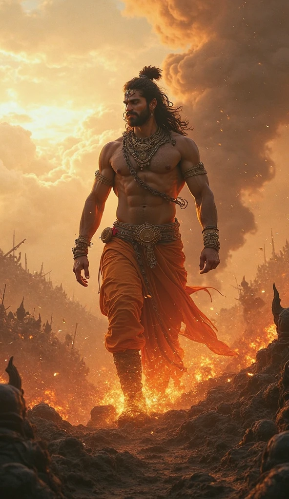 The most handsome man in universe with height of 6ft and a great strong PHYSIQUE like a warrior he is big and have sword in one hand and wearing dhoti with no beard