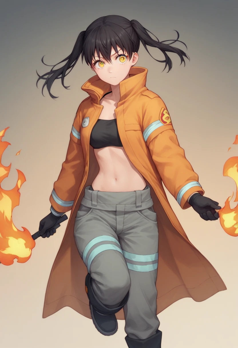 Animated girl wearing fire fighter uniform with water and fire in her eyes