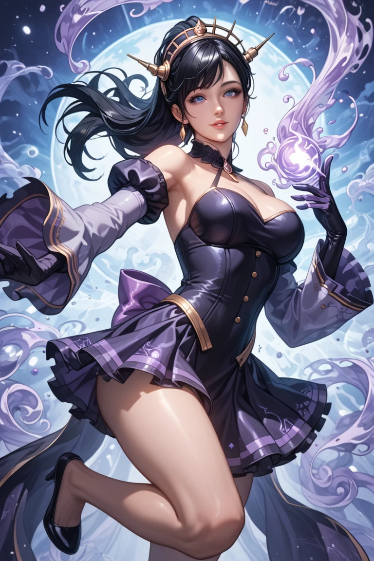 generate a magician wearing corset, cloak, long skirt, boots and magician hat, with neon effect, (show cleaveage), (show thighs), (show belly), she is holding a wand with shiny gem glowing on it, she put her staff up and start chanting a spell, a meteor fall off behind her, destructive effect, fire, burning, ambient effect, digital effect, masterpiece, 8k, detail, masterpiece, best quality:1.2),,(8k,highres,RAW photo,realistic,photo-realistic:1.3),(detailed skin texture,detailed cloth texture,beautiful detailed face:1.25),professional lighting,photon mapping,beautiful soft light,radiosity,physically-based rendering,raytracing, model shoot style, model shoot style, (extremely detailed CG unity 8k wallpaper), full shot body photo of the most beautiful artwork in the world, (((nsfw))), ((expensive camera photoshoot)), (((nipples)))
