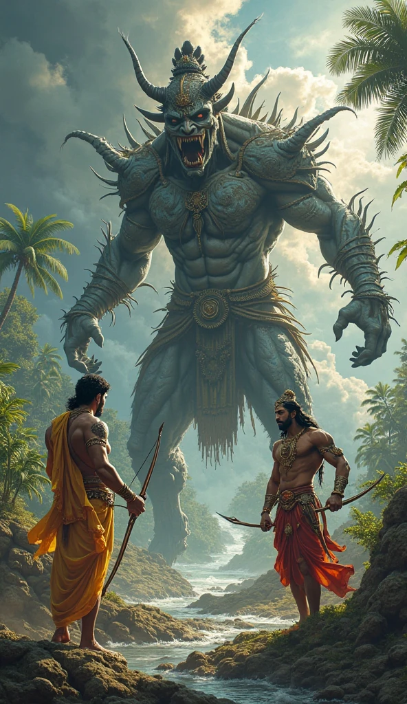 (Lord Shiva with trident weapon and his Warrior Son with mace weapon battling demons) ,amidst ancient mythical war backdrop, 8k octane beautifully detailed render, post-processing, extremely hyperdetailed, intricate, epic composition, grim yet sparkling atmosphere, cinematic lighting + masterpiece, trending on artstation, very detailed, vibrant colors,hindu mythology, Antartic mountains, show cap mountains.