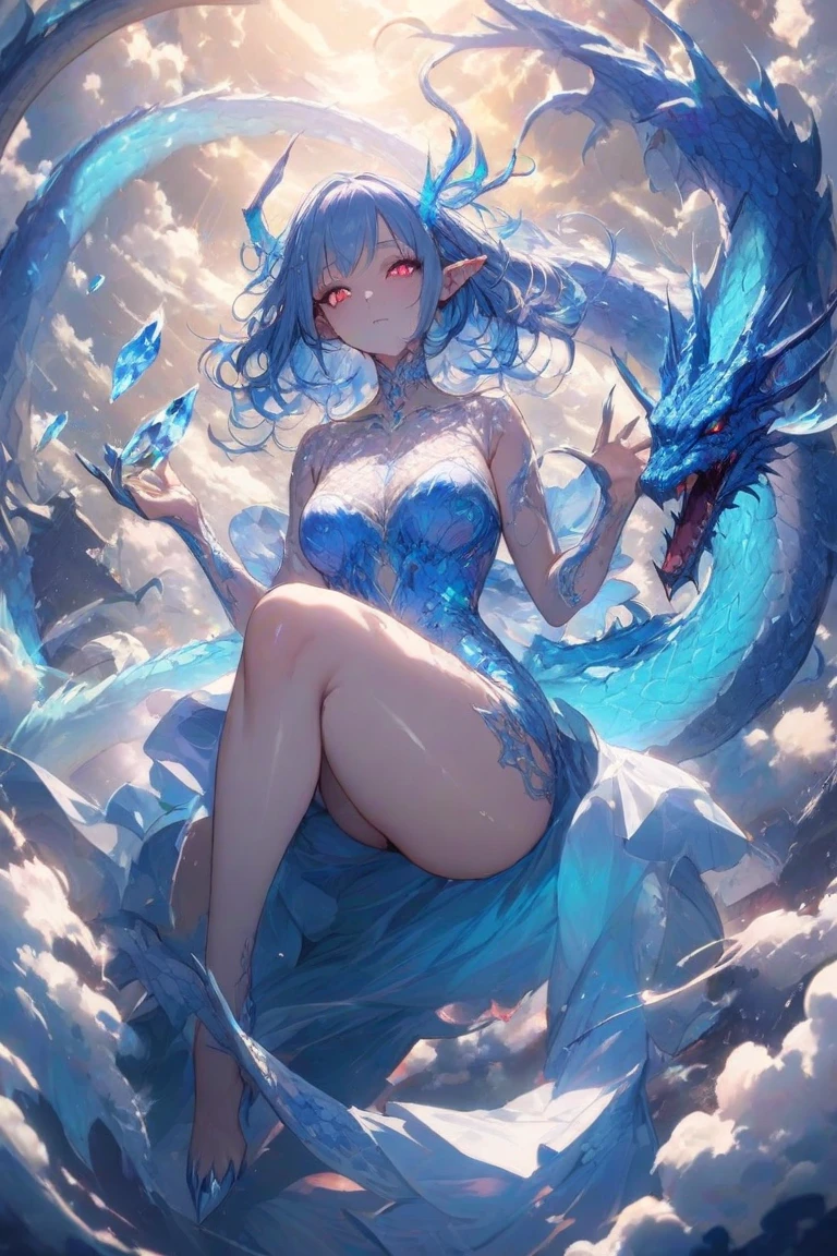 (best quality,4k,8k,highres,masterpiece:1.2), ultra-detailed, realistic, naked sexy dragon woman with blue glittering scales, skin is glittering sapphire blue scales, short blonde hair, very playful but mischievous smile, huge tits, gigantic breasts, naked, nude, detailed crotch, detailed vulva, detailed pussy, sexy pose, spread legs, spread pussy lips, playful, bi-coloured eyes, heterochromia, lustful