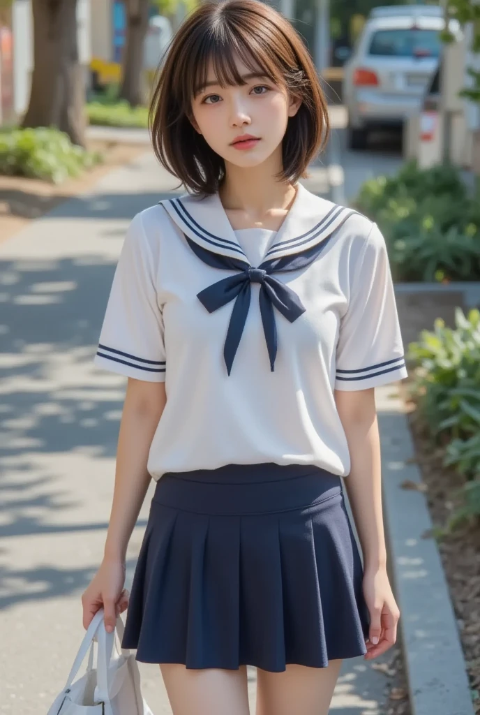 pretty girl、Golden Ratio、whole body、RAW Photos、high resolution、Realistic double eyelids、short hair、Sailor suit、Photo taken on the school roof、Stylish body、Slim figure、Chest is moderate、Long, slender legs、In a sitting pose、There is one person、Make sure the person is not cut off from the frame.