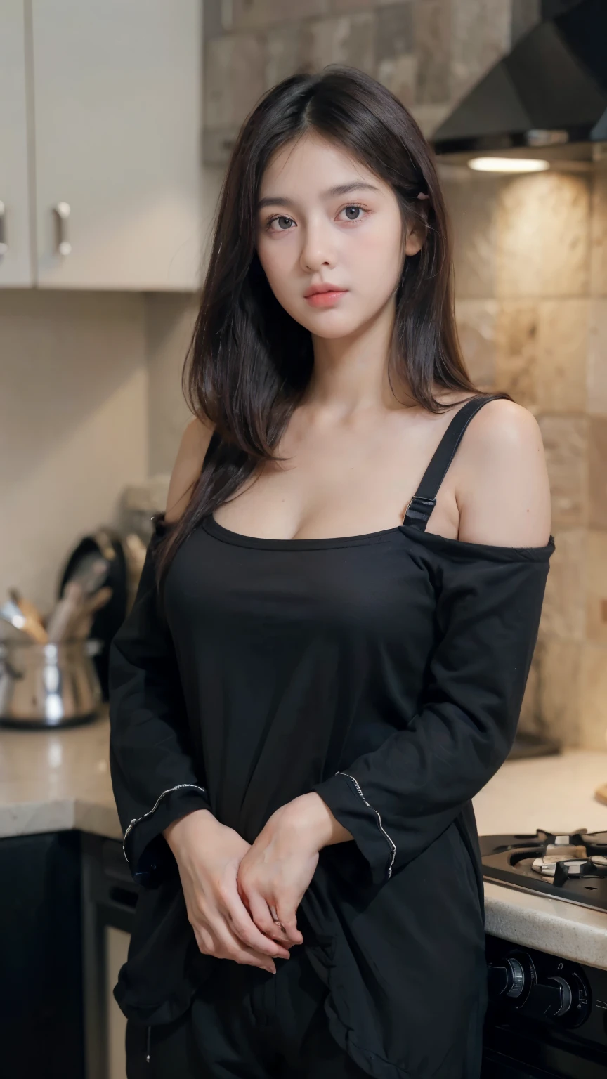 Black long hair, brown eyes, delicate make up, medium breasts, wearing a sexy dress, sitting on a table, eating breakfast, modern kitchen background,