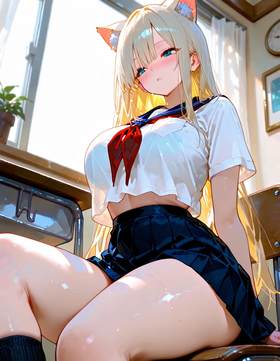 top-quality、realistic touch,high-detail、 Erotic sailor suit、High school students、Long body、Sheer costumes、skirts that are too short、Not wearing underwear、big eye、long lashes、Long upper eyelashes、platinum-blonde、cute little、Beautie、A sexy、Commuting to school、full body Esbian、Sparkling eyes、Submissive smile、Flushed cheeks、Kamimei、Big buttocks、thin-waist、Sleeveless、visible from the side、Sexy armpits、Voluptuous thighs、Enraptured look、high-heels