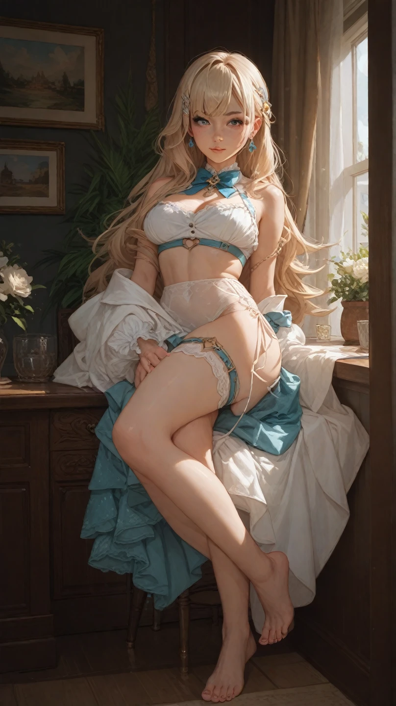 Best quality, masterpiece, ultra high res, raw photo, beautiful and aesthetic,deep shadow, dark theme,(ultra detailed:1.3),
1girl, dynamic pose, flower headdress, full of curtain, drill hair, long hair, blonde hair, gradient hair, yellow eyes, solo, big hair, blue hair, divine goddess, looking at viewer, indoors, bedroom, astraea, full body, cow print, bikini, bra, bare arms, neck ribbon, waist apron, thongs, bare legs, black high heels