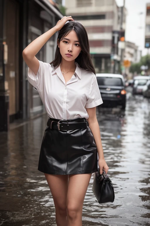 Top image quality, 超A high resolution, (fidelity:1.4), Photo, 1 woman, 28 year old, ((a Pretty face)), (Wet clothes:1.4), ((Real rain)), ((Wet hair)), (Rain drips all over the body), Wavy short bob hair, Brown eyes, ((Shining Eyeshadow)), (prominent eyelashes), Glossy lips, White Business Shirt, (Black tight skirt), (Black High Heels), Black bra, Town, Despair, Teardrops, ((Crying face)), look up sky, Kneel down