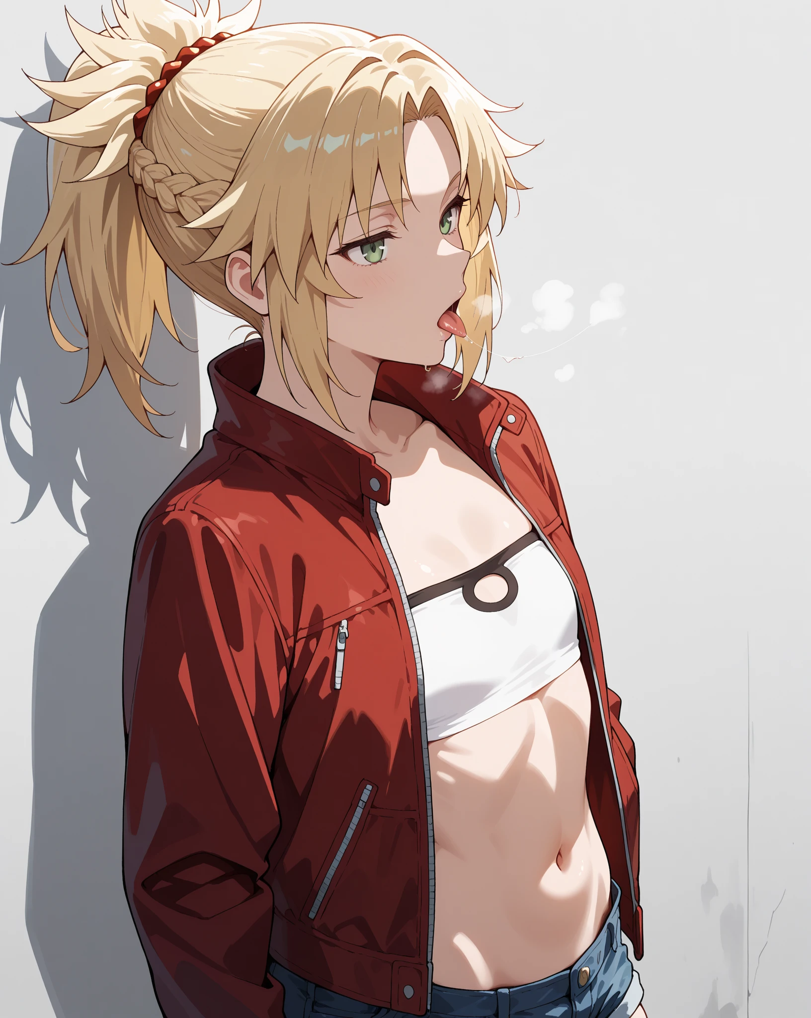 a picture of a sexy girl with big and blonde hair posing in a skimpy outfit, 1girl, breasts, solo, blonde hair, hat, red eyes, baseball cap, navel, jewelry, choker, jacket, braid, black choker, earrings, collarbone, smile, looking at viewer, long hair, off shoulder, cleavage, twin braids, bare shoulders, bangs, midriff, black headwear, shorts, piercing