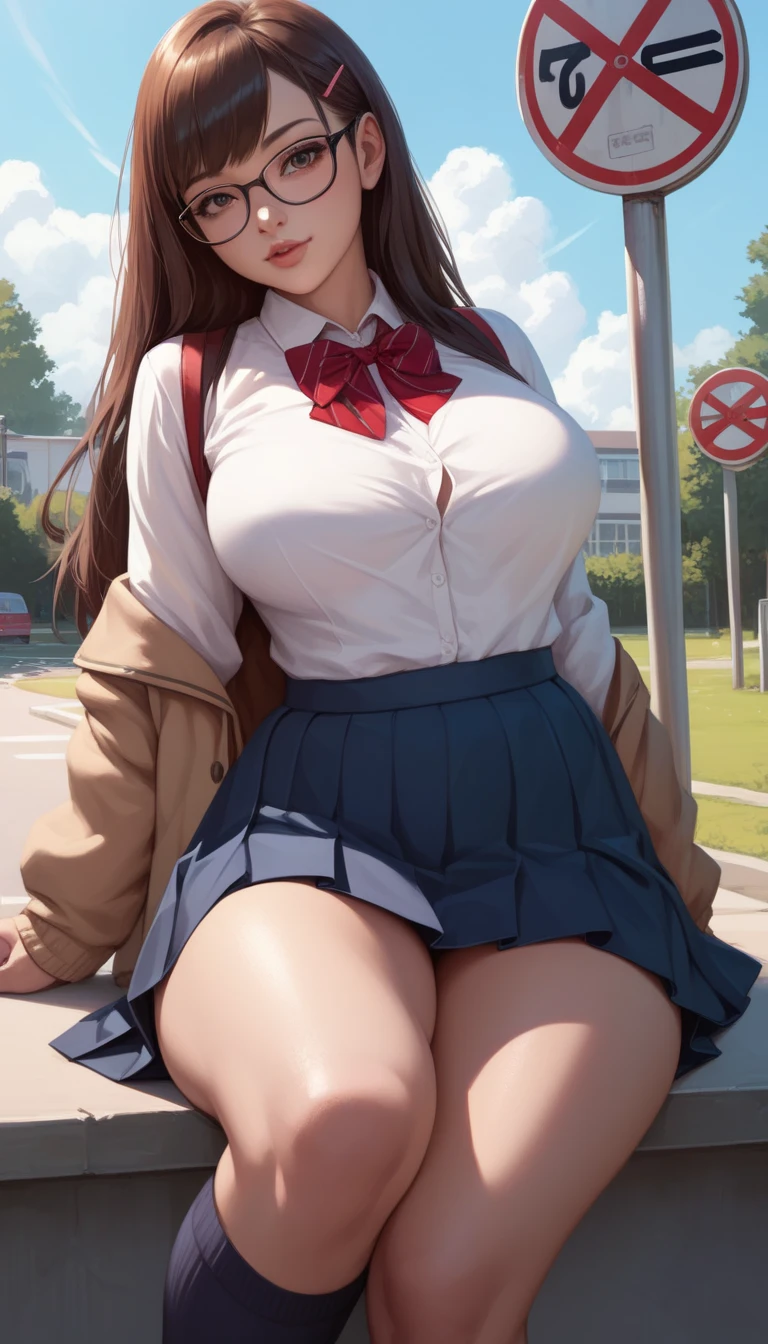 best quality,1girl,((big breasts:1.5)),curvy,orgasm,ahegao,blush,arms behind back, Blue eyes, bow, white , brown hair, red bows, collarbone, hair intakes, hair ornament, letterboxed, long hair, ((school uniform,white shirt,plaid skirt,blue skirt,mini skirt,lift skirt,upskirt,white panties,lace panties,black thighhighs:1.1)),pussy juice,full body,forest,forest林,walking