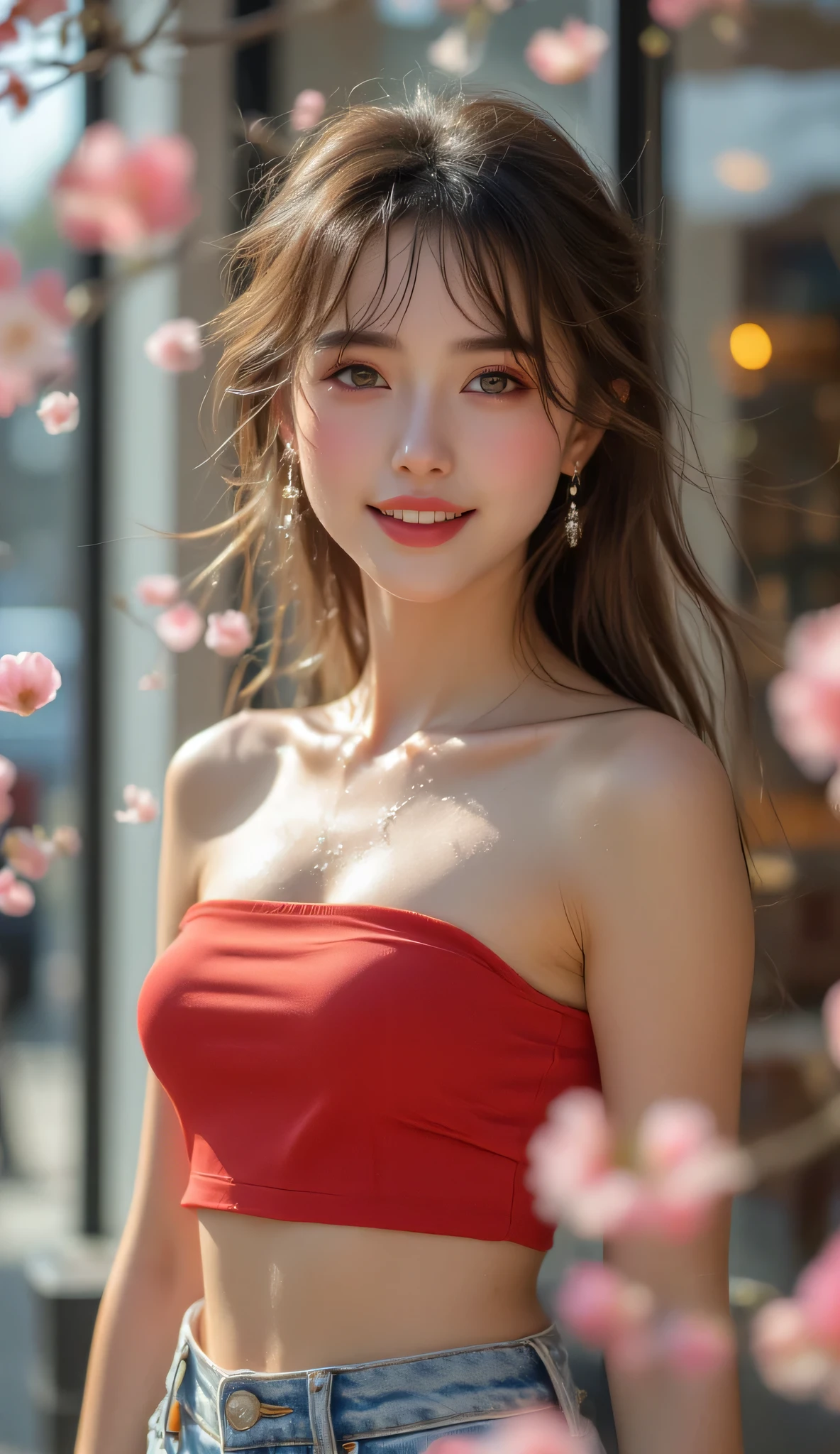 Very happy face, gazing forward with a bright smile, lips slightly pouted., bangs slightly tousled by the wind, face-up shot, soft backlight in New York in midsummer, close-up portrait of a woman passing in front of a large glass window of a high-end New York cafe, cherry blossom petals dancing in the wind, strong wind blowing, clothes blowing up in the wind, cherry blossom petals dancing, sparkling eyes, earrings, very slim, very thin, very small face, healthy, muscular, weathered, heavy eye liner, beautiful woman wearing, (red tube top: 1.3), (low rise jeans: 1.4), gazing at the viewer with a refreshing smile, natural beauty, charisma, multi-use, woman passing by a large glass window of a high-end New York cafe, reflected light, blurry background, no bra, nipple slip, nsfw, wet skin, on the road, whispering innocent eyes,