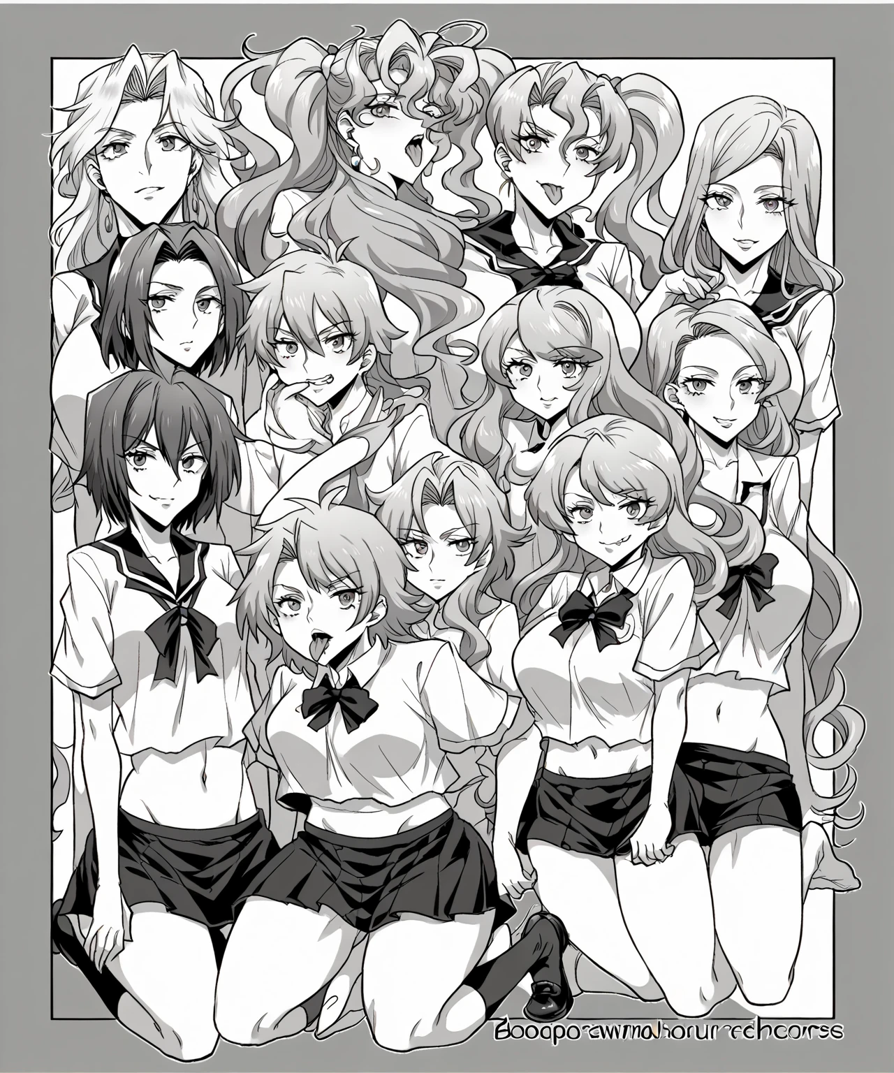 anime character girls in bras and panties, captioned sexy sexy, sexy, monochrome, greyscale, breasts, multiple girls, underwear, bra, 3girls, jewelry, underwear only, mole under mouth, panties, necklace, mole, smile, twintails, large breasts, cleavage, scrunchie, navel, wrist scrunchie, looking at viewer