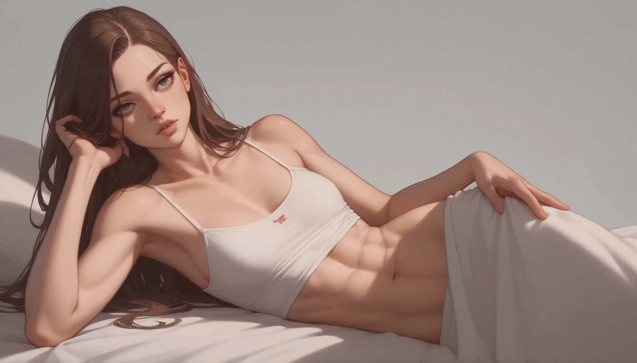 Sleeping girl, 19 years old, realistic, in underwear, in the process of dressing, (beautiful brown hair, fair skin, (white)