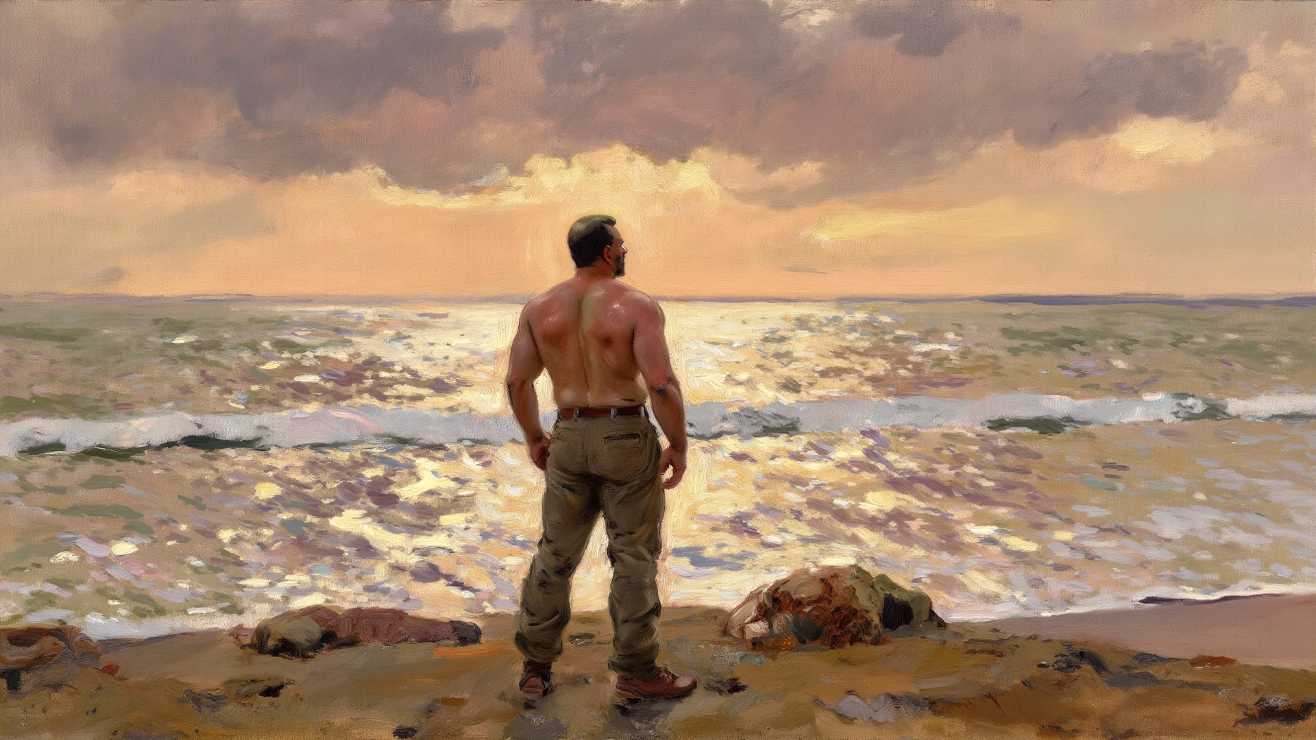 (bichu, oil painting, Impressionism) of (one male), (looking at viewer),
Very detailed manly face, heroic, detailed realistic open teal eyes, (muscular:1.5), (big muscles), (massive pecs), huge breasts, narrow waist and huge hips, (chocolate brown hair), (slight smile), (shirtless) (topless male). highly detailed, high quality, masterpiece