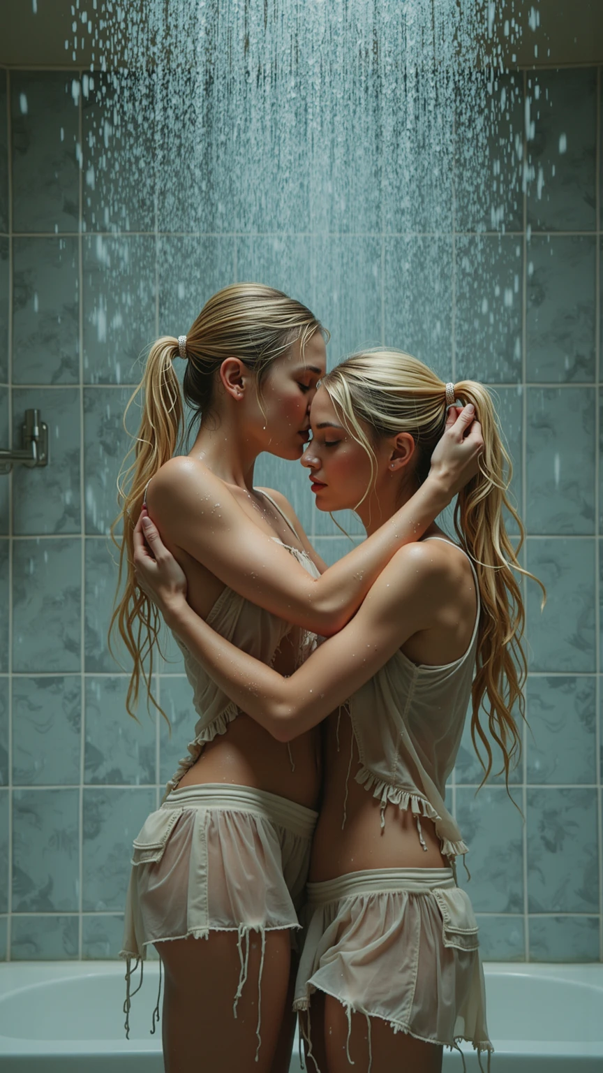 2 very attractive 25 year old girls, 1 long very curly ginger hair, 1 long very straight, platinum blonde hair, standing naked in the shower, hugging, kissing, wet hair, body glistening with water, full length, photo quality