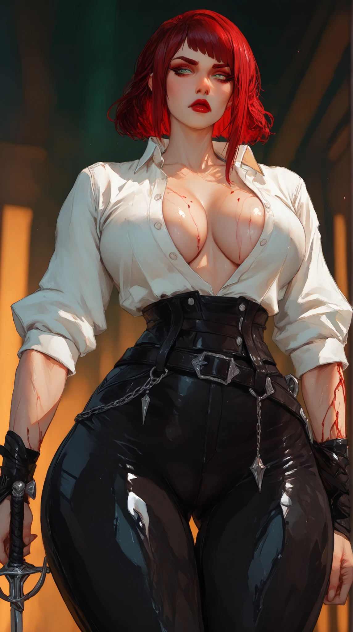 (8k, Foto RAW, La mejor calidad, Obra maestra:1.2), Ranma Chan, Ranma Red Shirt, red hair, braided belt, blue pants, martial art
　　RanmaChan, cabello rojo, Cabello con trenza, ojos azules, ojos detallados, cuerpo completo, pose open door   masterpiece, ultra quality, Beautiful detailed, extremely detailed,16K, exquisite, absurdity, highres, Beautiful background, Beautiful eye, Beautiful skin, anime style, 1girl, solo, looking at viewer, upper body focus, :1.5))), huge breasts, big ass, red_hair, single braids BREAK Ranma red_shirt, ranma black_pants, Black_kung fu_shoes BREAK cameltoe, cheeky smile, wide open mouth, double teeth, 