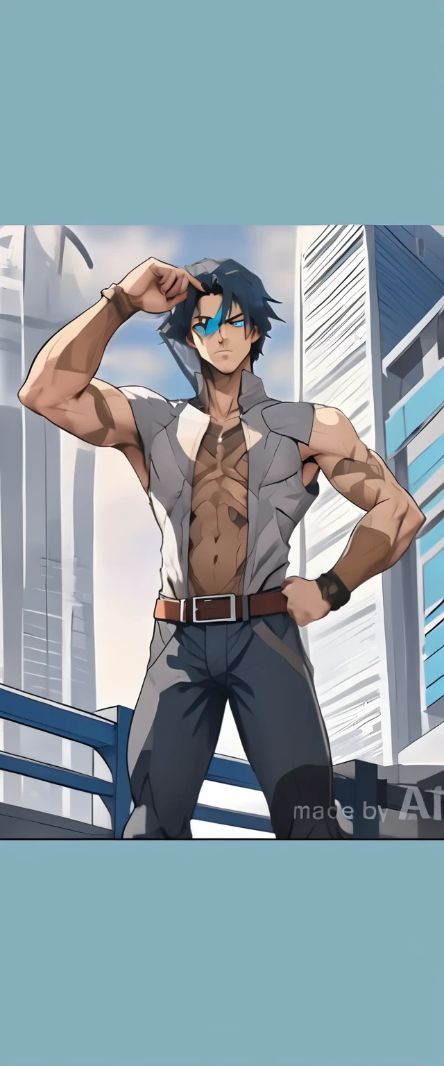 desde atras, From straight blue hair to looking at a city with its back to the viewer 15-year-old man has no shirt has a naked torso his hair is straight long coppery latin skin mestizo face, tiene traje tribal africano esta en el tejado de la secundaria mirando una cercana ciudad mira con miedo pensativo, (tercer plano cuerpo completo(tercer plano)A 15-year-old boy looking at the city turns his back to the shirtless camera with long blue hair and mestizo brown skin rasgoz stands on the fifth floor on the roof of the high school looking at a city in the distance..............