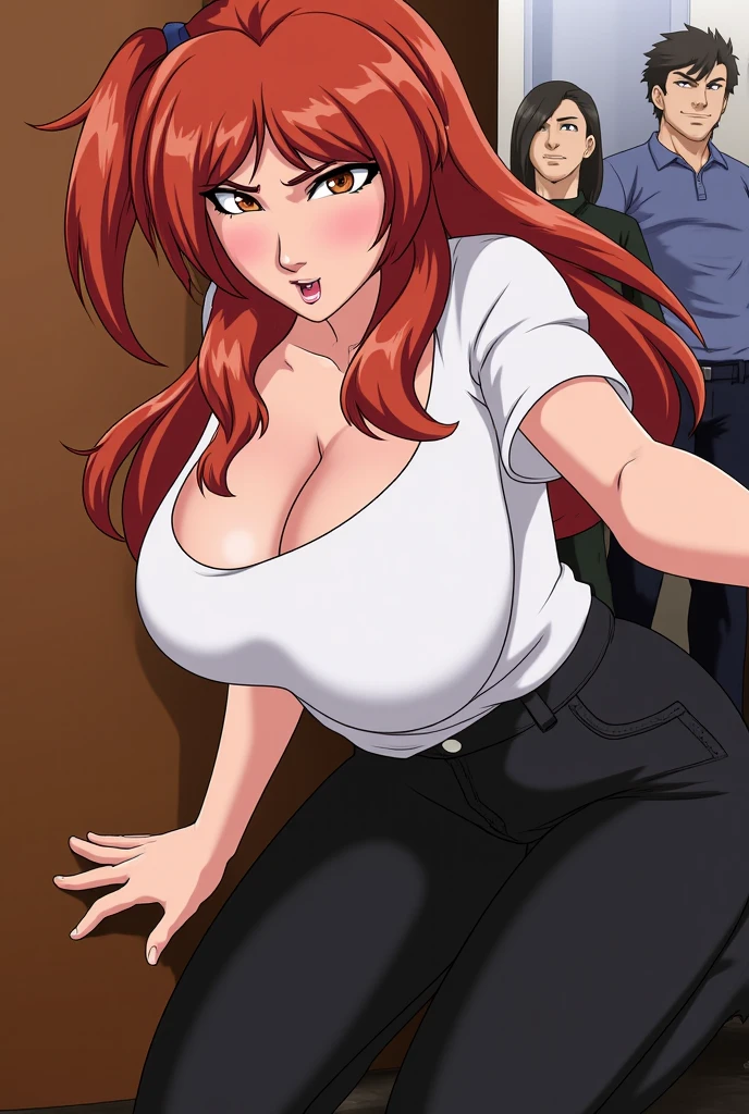 blue dress, black long socks, luxury livingroom background, Mei Terumi, anime cels style, best quality, high resolution, 1girl, (huge breasts:1.2), beautiful face, long hair, brown hair, green eyes, ((hair over one eye)), lipstick cowboy shot