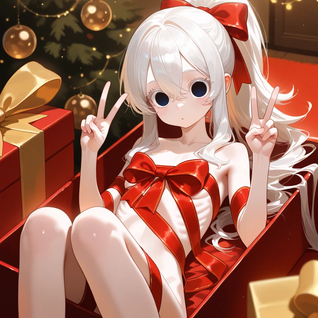 a girl lying in a pile of cookies and milk, close up, off center, (((1girl))), short stature, slender body, pale white skin, ((short white hair)), icy eyes, rosy cheeks, slightly androgynous, small breasts, Santa hat, (((wrapped in ribbon))), bell collar, mistletoe, ornament earrings, youth, ((milk)), pile of cookies, ((cookies)), splash of milk, ((massive stack of cookies fills the background))