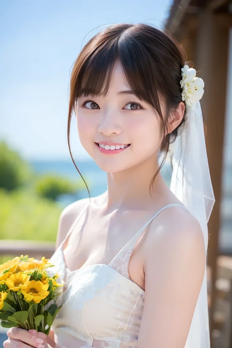 (highest quality,masterpiece:1.3,ultra high resolution),(Super detailed,caustics,8K),(realistic:1.4,RAW shooting),[roller:Shiita Keai:0.5],Japanese,28 years old,cute,(Looking at camera with a smile),(Black hair fluttering in the wind:1.1),short hair,natural makeup,(big ),白いWedding dress,(bust up shot),The sea sparkles reflecting the sunlight,warm light,Natural light,professional writing、wedding style、Wedding dress、