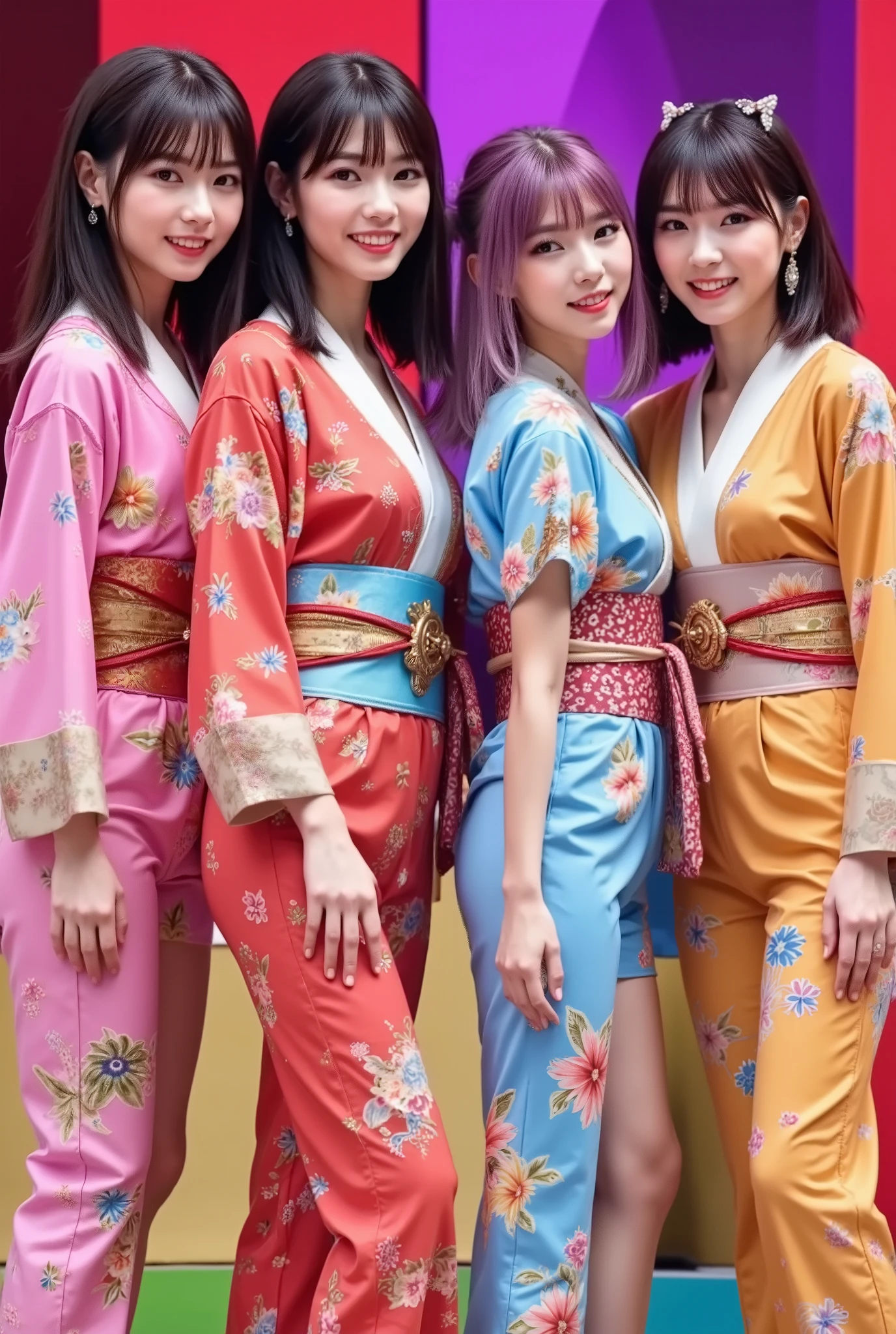 (4 person female idol unit singing live),((着物と帯のを現代風にアレンジした個性的なCostume1.5)),Bare legs, ((4 people face、hairstyle、Costume、Draw everything by color 2.0)),Big smiles at fans.Currently performing live