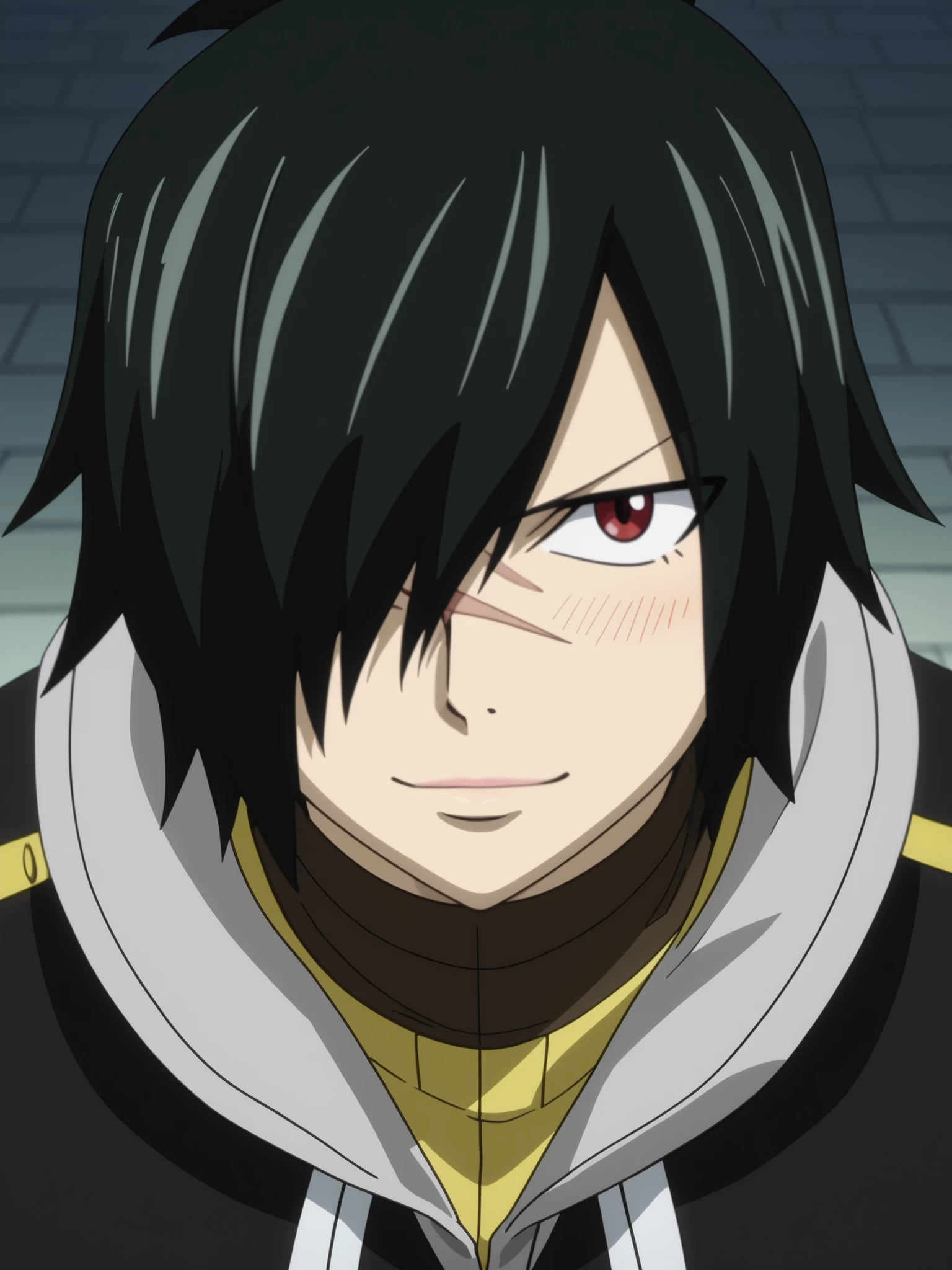 rogue_cheney, black hair, red eyes, hair over one eye, scar tattoo close-up, official style, anime screencap, 8K, extremely detailed, 1boy, solo, looking at viewer, front view, close-up black background , shadow , dynamic angle , dynamic action , atmospheric perspective , intricately detailed , depth of field , masterpiece , best quality , amazing quality , very aesthetic , absurdres , newest, happy smile, cute, blush, kawaii, official style, Rogue Cheney from Fairy Tail, ponytail
