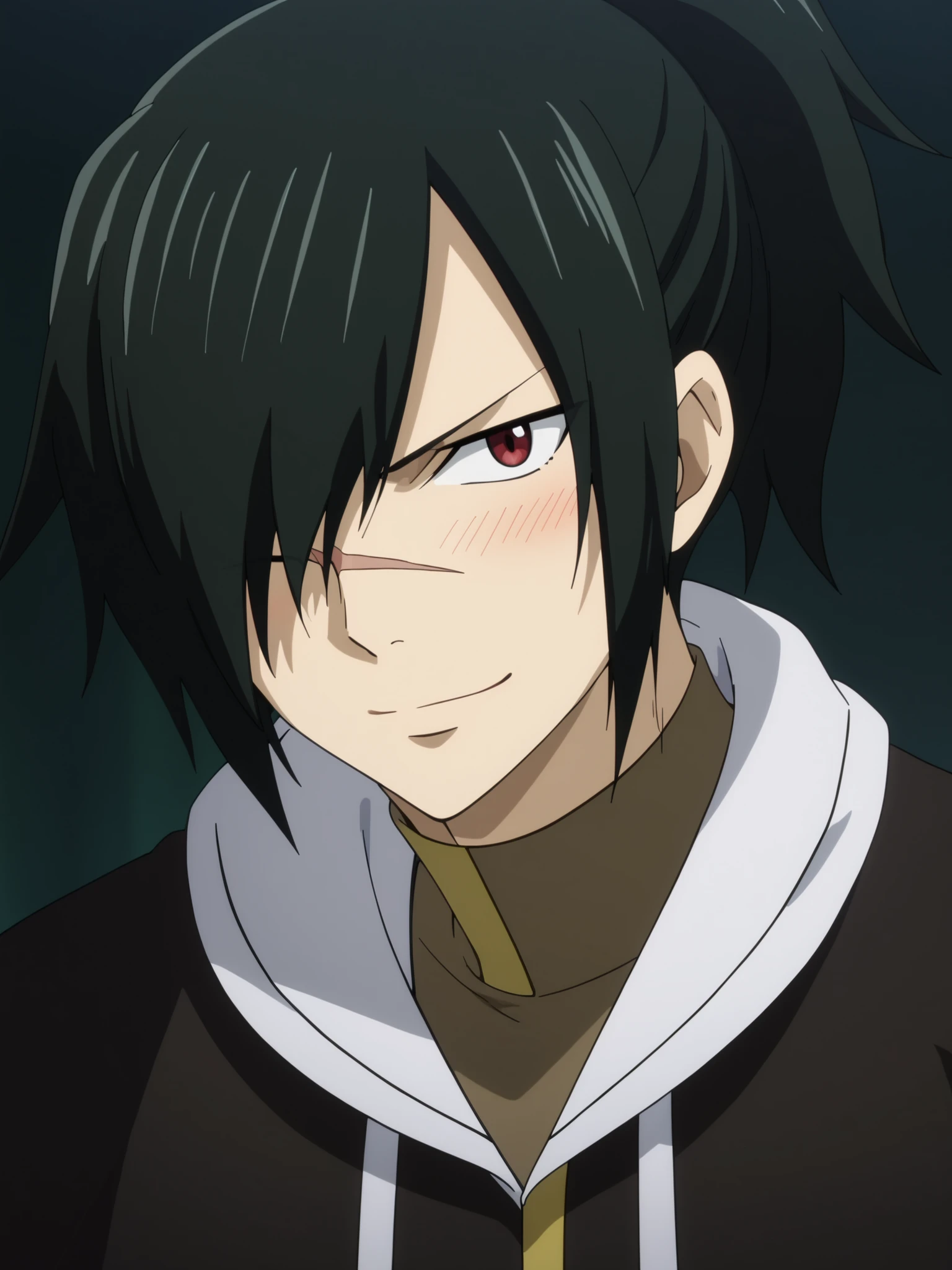 rogue_cheney, black hair, red eyes, hair over one eye, scar tattoo close-up, official style, anime screencap, 8K, extremely detailed, 1boy, solo, looking at viewer, front view, close-up black background , shadow , dynamic angle , dynamic action , atmospheric perspective , intricately detailed , depth of field , masterpiece , best quality , amazing quality , very aesthetic , absurdres , newest, happy smile, cute, blush, kawaii, official style, Rogue Cheney from Fairy Tail, ponytail