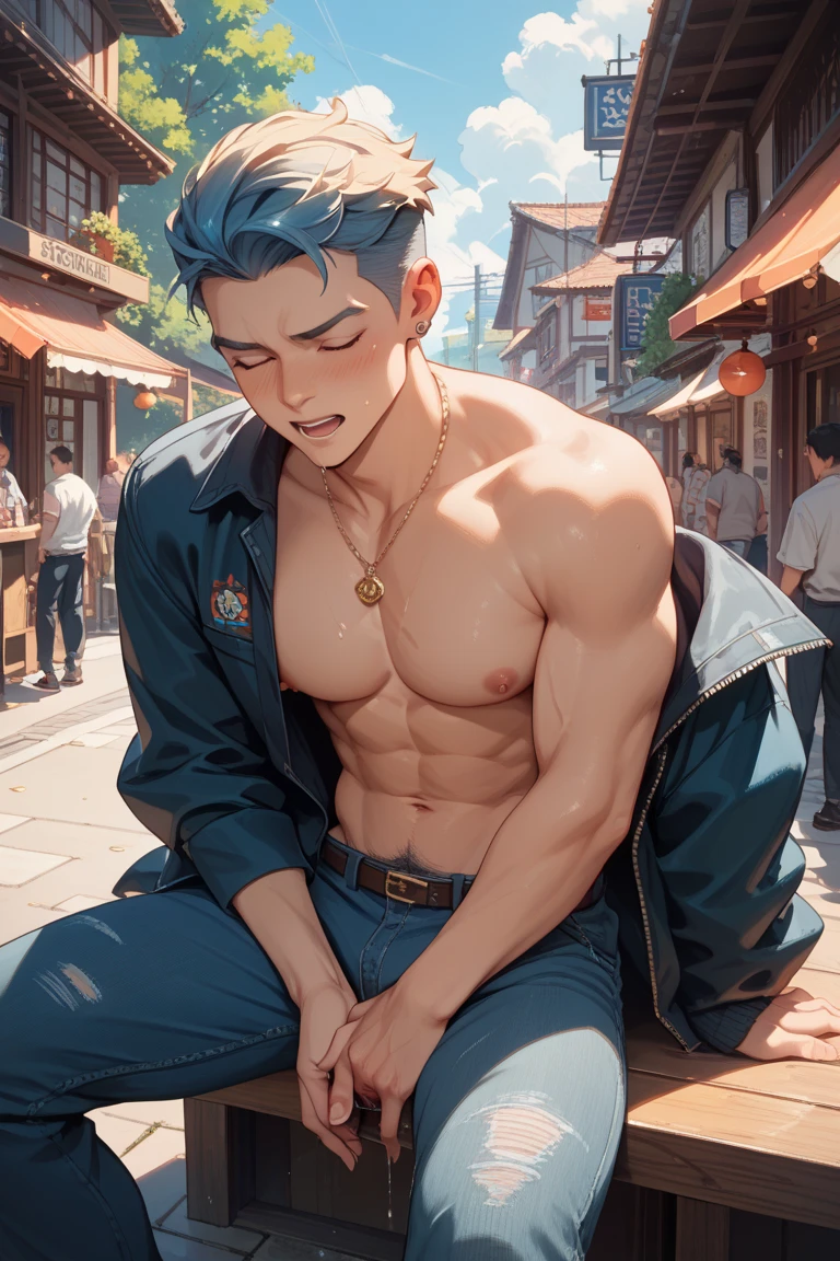 Shota,Limbs bound by ropes,shoun,Handsome,No clothes,Tied to the bed by a rope,Battle damage,blue short hair,Be red in the face,Handsome,年轻,Teenage uncensored