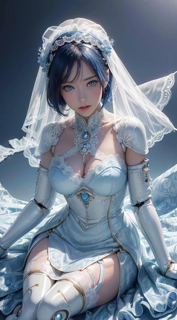 (High-res, 4K, Masterpiece:1.2),Ultra-detailed,(Realistic,photo-realistic:1.37),(Girl robot married in Japan),[((Mechanical body))+Made of shiny gold and white clear glass and plastic], ((Vitreous blue eyes+Sharp focus))，(Delicate lace dress,Wearing a veil),(joyful expressions), , Vibrant colors, (sakurabackground), Bright sunlight。