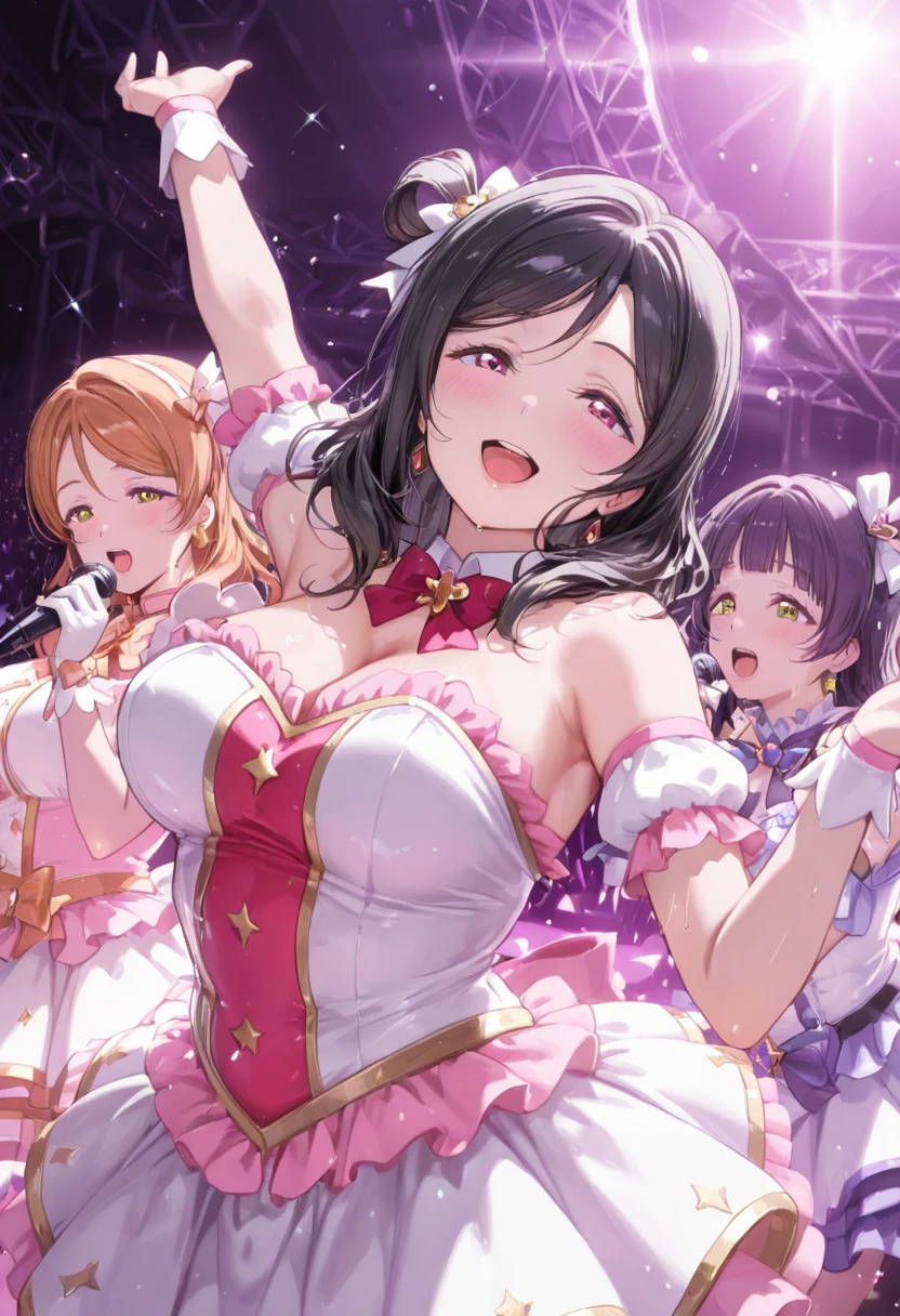 Magazine cover,masterpiece), (Glittering,Ultra-high sharpness,1 girl , Hoshino Ai, (Exquisite and detailed facial features:1), HD picture quality, Ultra-clear resolution, movie quality,A cute girl,Wear stage costumes,On stage,Sing and dance with a microphone,The spotlight shines on the body(8k)