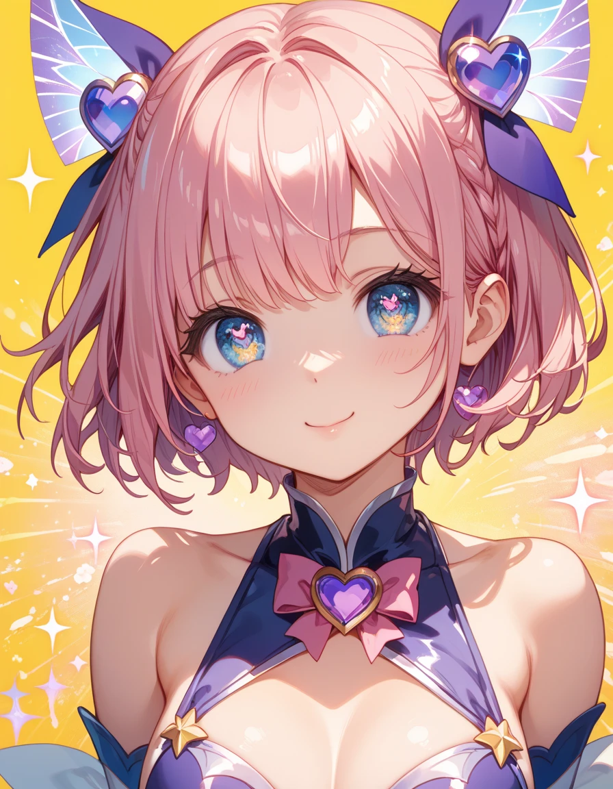 vibrant colors, female, masterpiece, sharp focus, best quality, depth of field, cinematic lighting, breasts, red eyes, jewelry, pink hair, smile, tiara, short hair, bangs, medium breasts, blush,