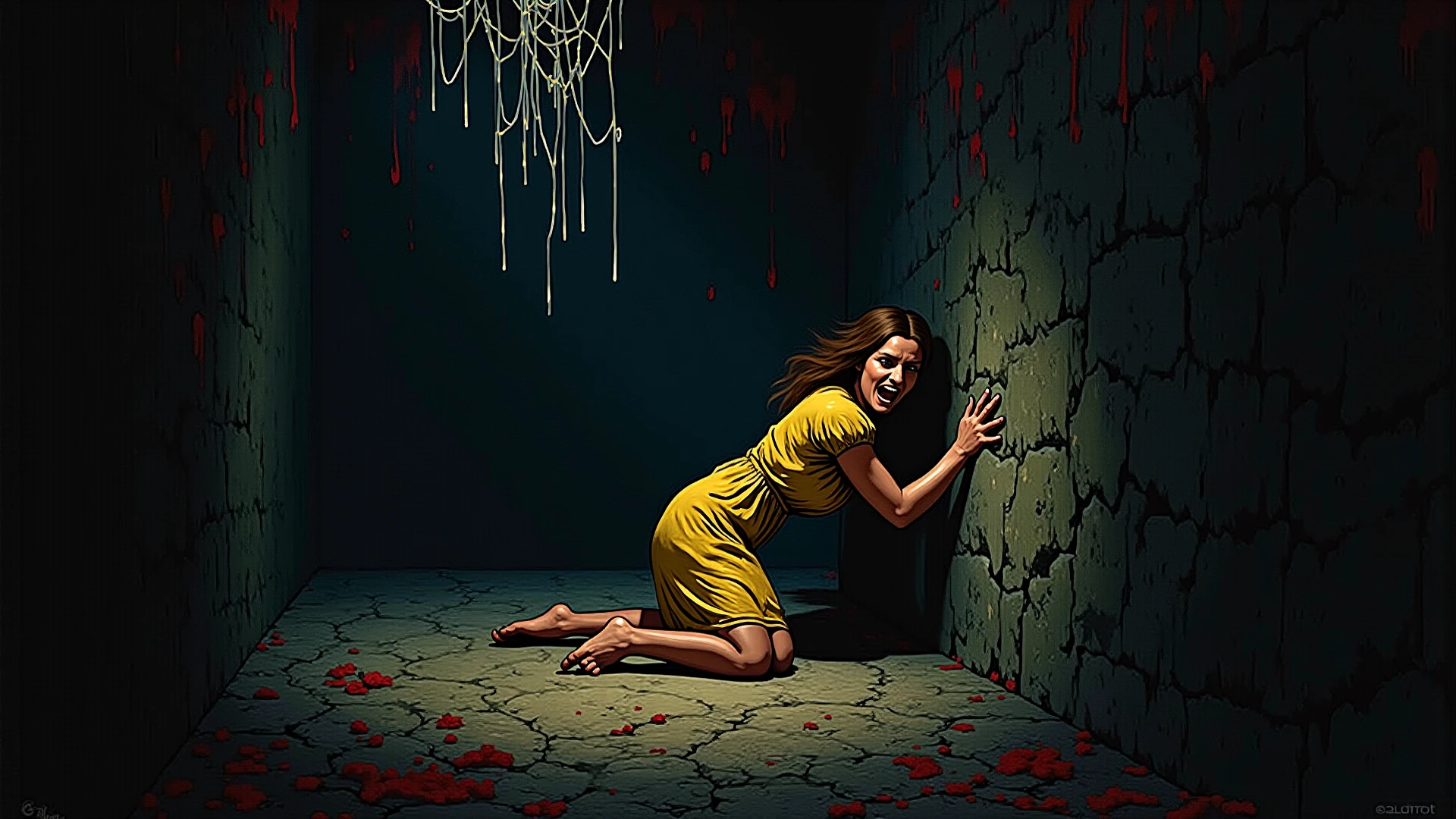 Sexy young Lady, cute, innocent, clumsy, smile, white dress, mastermind, culprit, leadership, powerful, rich, dark, anti social , blood in hand, ((holding a board with word"trust me" written in blood)), 8k, MASTERPIECE by Aaron Horkey and Jeremy Mann, sharp, masterpiece, best quality, Photorealistic, ultra-high resolution, photographic light, illustration by MSchiffer, Hyper detailed