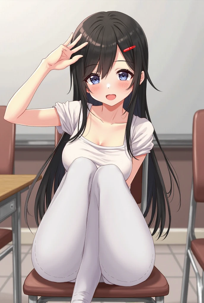 (artwork, best quality) A girl with long hair with two black pigtails, brown eyes, white sleeveless sportswear, short black skirt, big breasts, perfect body, beautiful eyes, good waist, upset, bare legs, sitting in a classroom