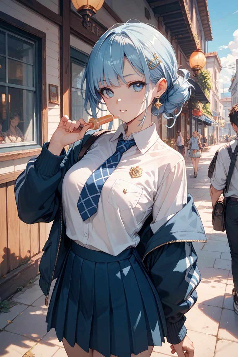 (8K、Highest quality、highest quality、masterpiece)、Detailed face、One girl、Rem from Re:Zero、Light blue hair 、short hair、twintails、blunt bangs、Grey Eyes、、、((Blazer jacket uniform))、((Pleated skirt))、((No panties))、((bent over))、Back Alley Background、Very large breasts、Nipples are visible、、Black Pantyhose、Milk dripping from nippleilk spurting from the nipple、、Open your mouth、Troubled face、Love juice from the genitals、Full body portrait、Walking around the city、One man、Hearts in the eyes、Sex with a man
