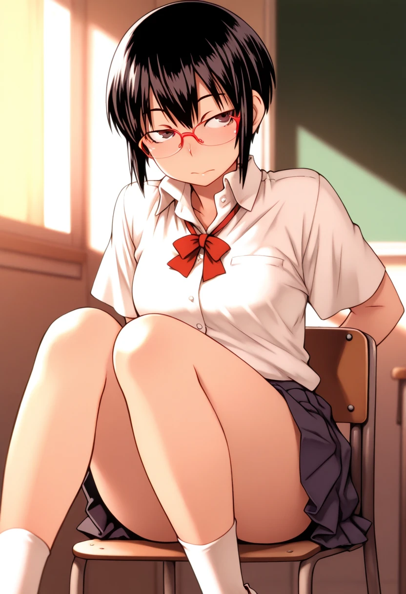 ((((Super skinny))),(((super petite))), (((flat boobs))), ((Naked)),(((baby face))), (((open pussy))), ((cum coming out of pussy)), cum, ((((black stockings), 1girl, woman, emo_hairstyle, black lipstick, dog collar, eyeliner, eye shadow, smoky eyes,black hair, , bob style hair cut, brown eyes, gold glasses, realistic lighting, school, shirt , necktie, skirt, black tighhighs, short hair, flat chest, shiny skin, smug, smirk., siting on couch legs open