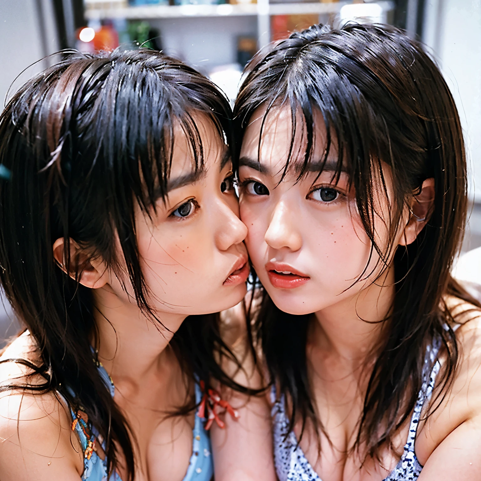 (ultra realistic),best quality, ultra high res,((2 slim girls kissing)), (Tongue kiss:1.2), ( french kiss:0.8),bangs,asian,indoors,detailed face,black thighhighs,yellow eyes,short hair,make up,detailed black hair,detalied eyes, detalied lips, cosplay,showing armpits,blurry window background,jewelry, (PureErosFace_V1:0.8), (ulzzang-6500:0.66) ,