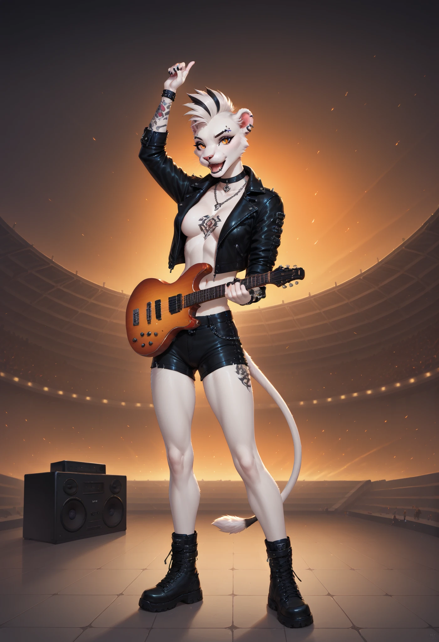 score_9, score_8_up, score_7_up,solo , anthro , Zaffa , lioness, Orange gradient eyes, black and white hair , white fur , fluffy fur , detailed fur , black tattoo , eyebrow piercing , ear clip , slim body, ((band lead singer:1.1)), electric guitar, leather jacket, leather shorts, ultra hi res, ultra detailed, ((Heavy Metal)), punk rock singer screaming in mic playing guitar next to band members, chain, silver, necklace, fiery atmosphere, sexy, charming, (loudspeaker box:1.3), wire, dynamic pose, (((stadium, stands, auditorium full of people))), ((podium)), night, fog, concert, lights, detailed background,