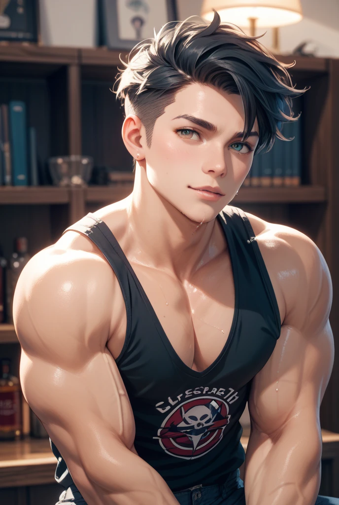 ((the best quality)), ((Masterpiece)), (details), perfect face, high definition, Masterpiece,4k,details clearly, Handsome face, white skin, perfect body, male body, strong muscles, abdomen, blue & green eyes, white skin, The most handsome man in the world, handsome, The coolest face, Male characters, close image (1man, shirtless), young man, mischievous smile, Extremely muscular tall man, open your eyes ((detailed eyes)), huge, muscular body and Massive, bulging pecs, muscular abs, narrow waist, short hair, blue eyes, delicate big eyes, carefree expression, clear face, handsome (detailed face, perfect face) ((extremely realistic shadows, bodybuilding posture, human, ((22-year-old young man)), V shape, Look straight, eyes contact, two different eyes color, top view