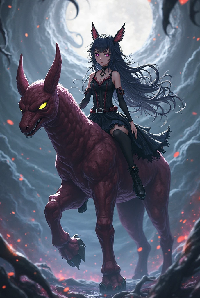 masterpiece, best quality,1girl, red hair, ponytail and bangs ridding a monster,(ridingmonster:1.3), looking at viewer, messy hair, red eyes, (small breast:1.3), black long skirt ,black dress, black belt, black necleage, white long socks, red ribbon, detailed iris, black choker, black puff (short sleeves:1.3),cleavage, <lora:LoraRidingMonster_v10:1>,