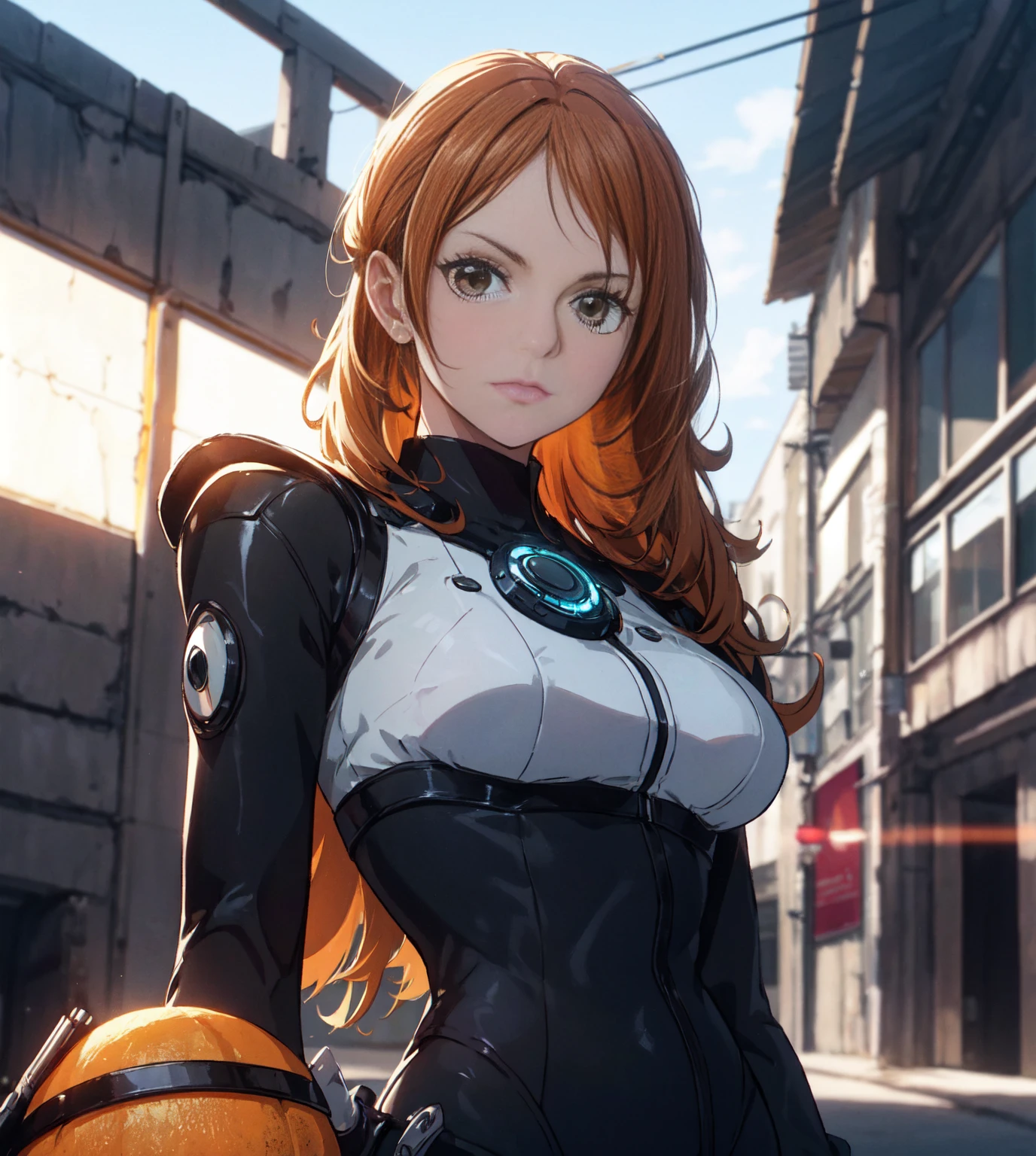Nami from One Piece, orange hair, beautiful brown eyes ((wearing cyborg lutex cloth)),wearing headphones, furry cyborg cloth, sexy ass, sexy boobs, lewd pose ,full body, arms behind back (futuristic cyborg surrounding city) (best quality, 4k, 8k, highres, masterpiece:1.2), ultra-detailed, and (realistic, photorealistic, HDR, UHD, studio lighting, ultra-fine painting, sharp focus,