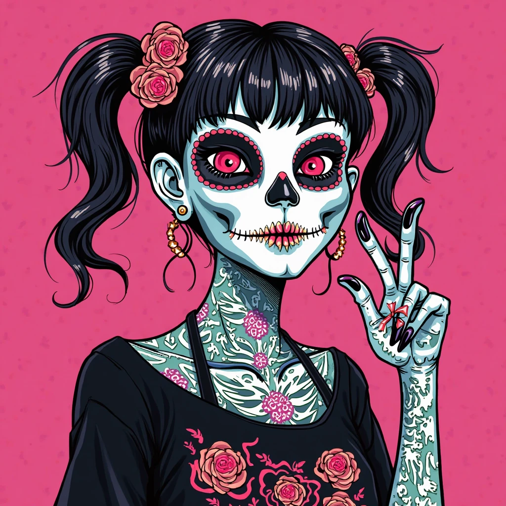 Skull head Front view, cartoon,Long Wind blowing Hair,rockabilly stil,dotted Red white bow in Hair,black Background,neon Green outlines