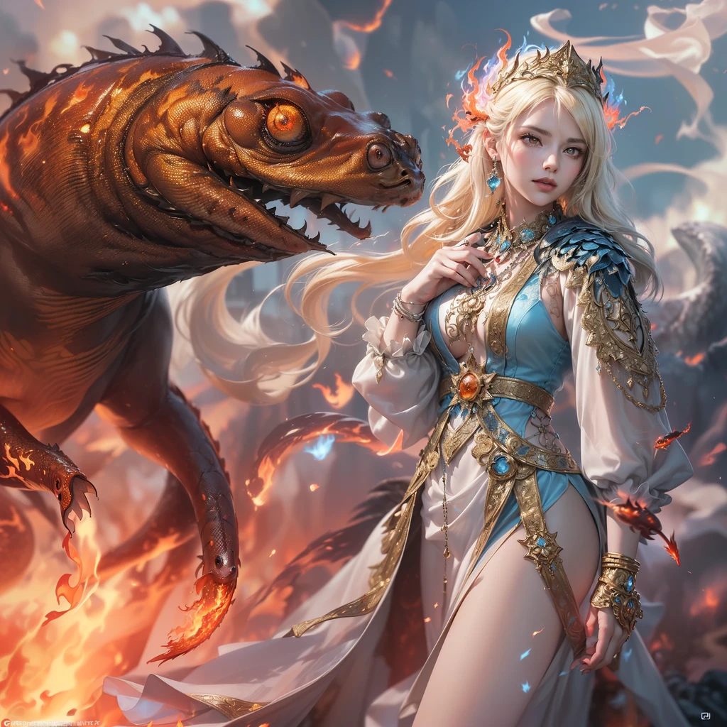 (best quality,4k,8k,highres,masterpiece:1.2), ultra-detailed, realistic, naked sexy dragon woman with red gold glittering scales, skin is glittering ruby and golden scales, long wavy blonde hair with red highlights, very playful but mischievous smile, huge tits, gigantic breasts, naked, nude, detailed crotch, detailed vulva, detailed pussy, sexy pose, spread legs, spread pussy lips, playful, bi-coloured eyes, heterochromia, lustful