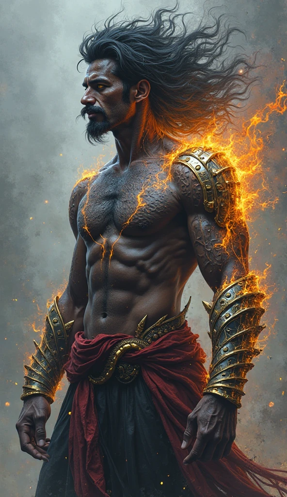 (photorealism:1.2), handsome young man, indigenous clothing, tall, handsome, asian face, muscular, hair on fire