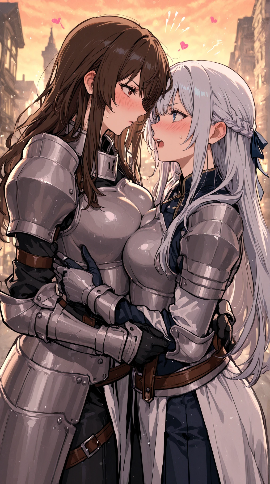 female knight armor tiara Black Hair Shortcuts Torn white tights battlefield In combat Holding back tears No underwear sisters apart in age Height difference heavy rain