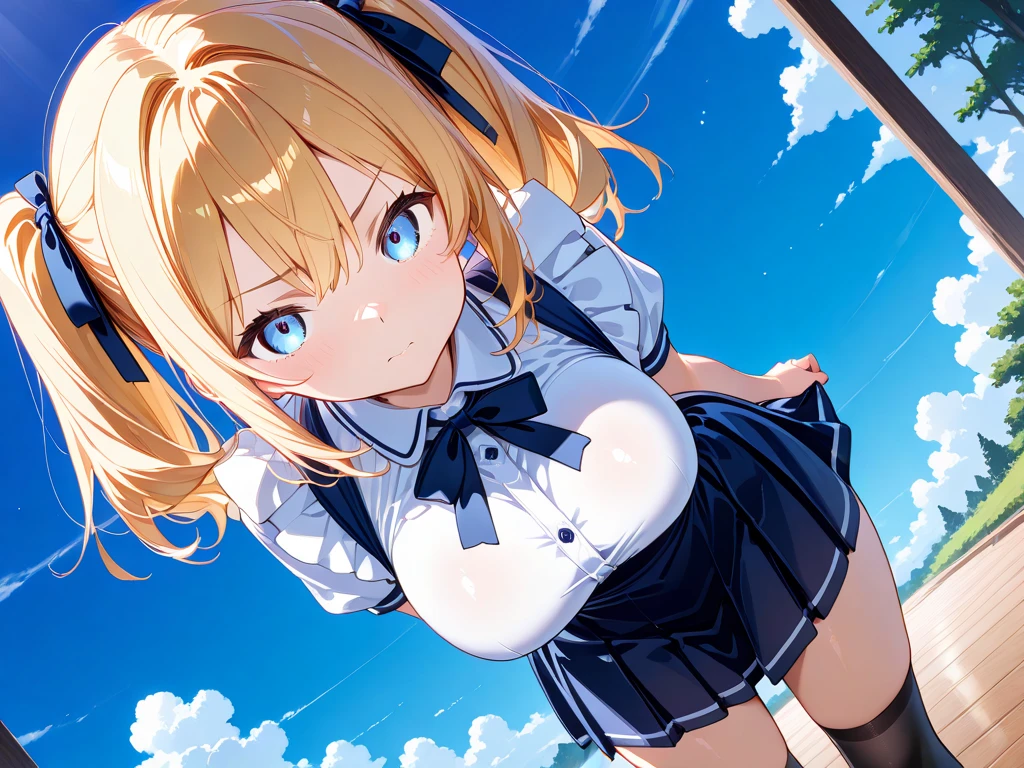masterpiece, highest quality, one girl, cowboy shot, smile, (beautiful girl, delicate girl:1.3), (15 years old:1.3), extremely fine-grained clarity, (symmetrical eyes:1.3), (school building:1.2), (bikini uniform:1.3), gigantic breasts, brown eyes, blonde hair, tanned skin, young girl, (Eye and face details:1.0), (upper teeth, best smile:0.2), (squatting, spread legs, arms behind head:1),