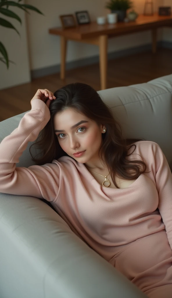 Beautiful woman sitting on a couch with her hand on her chin, casual pose, thoughtful pose, ekaterina, woman posing, woman model, attractive pose, grey sweater, very pretty model, anastasia ovchinnikova, metart, anna nikonova, sexy look at the camera, photo shoot, portrait pose, thinking pose, cute elegant pose, glamour pose