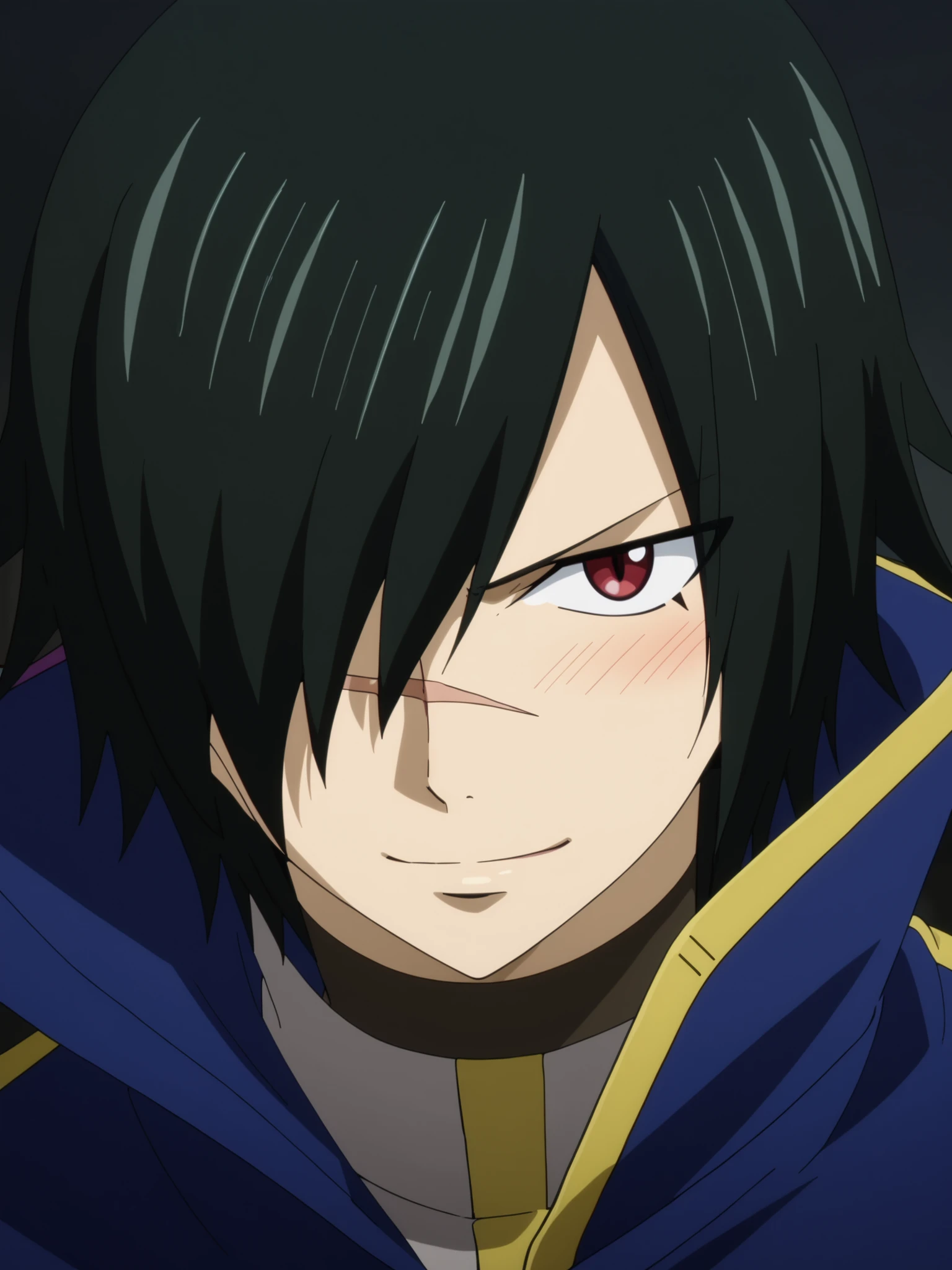 rogue_cheney, black hair, red eyes, hair over one eye, scar tattoo close-up, official style, anime screencap, 8K, extremely detailed, 1boy, solo, looking at viewer, front view, close-up black background , shadow , dynamic angle , dynamic action , atmospheric perspective , intricately detailed , depth of field , masterpiece , best quality , amazing quality , very aesthetic , absurdres , newest, happy smile, cute, blush, kawaii, official style, Rogue Cheney from Fairy Tail,