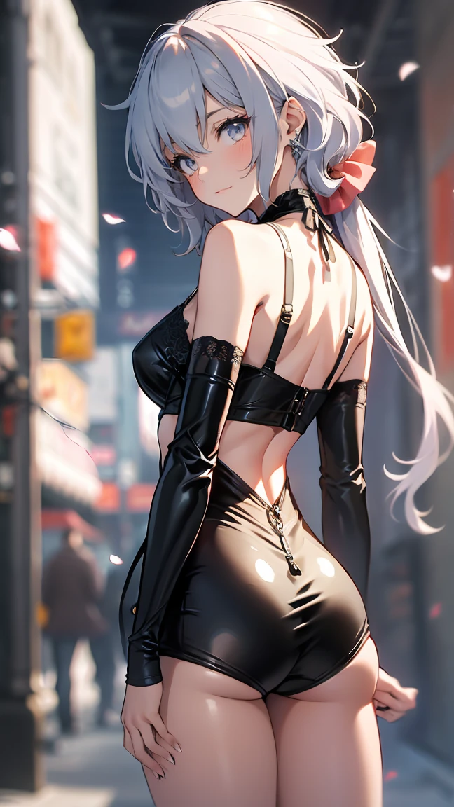 ((((Obra maestra, La mejor calidad, ultrahigh resolution)))), 1girl, standing, (cute maid costume), ((long pure silver hair and grey mesh hair, hair over eye)), long hair cut, pale skin, ((red eyes)), glowing_eyes, neon eyes, (ultra detailed eyes:0.7, beautiful and detailed face, detailed eyes:0.9), ((centered)), smile, ((wide shot)), facing viewer, ((vibrant background, bright lighting, summer, sunlight)), flat chested, looking at viewer, ((half closed eyes)), ((perfect hands)), (((head:1, arms, hips in view, elbows, arms, legs, in view))), ((hands behind back)), empty eyes, beautiful lighting, ((outside, outdoors)), defined subject, head tilt, (((gritty)), ((creepy)), ((cool)), ((beautiful)), (((SFW)))