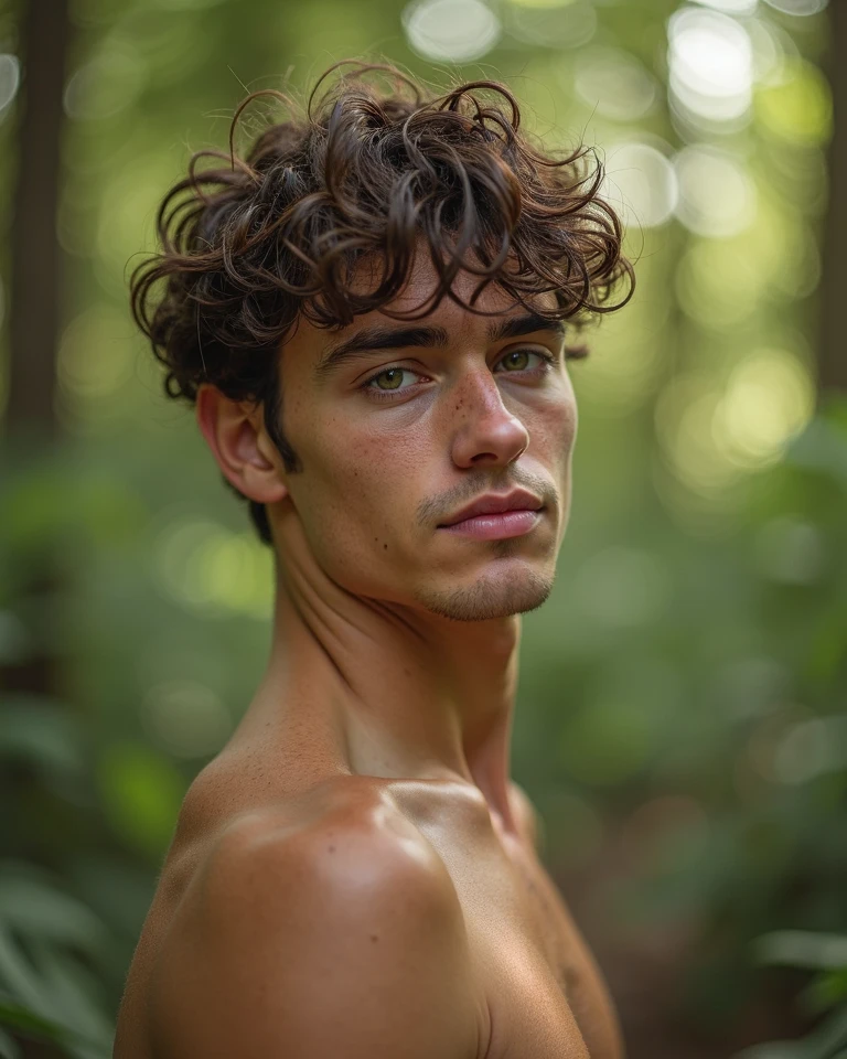 Make an 18 year old MAN very dark with long curly dark brown hair, slim physique with muscle make him naked away from the camera 