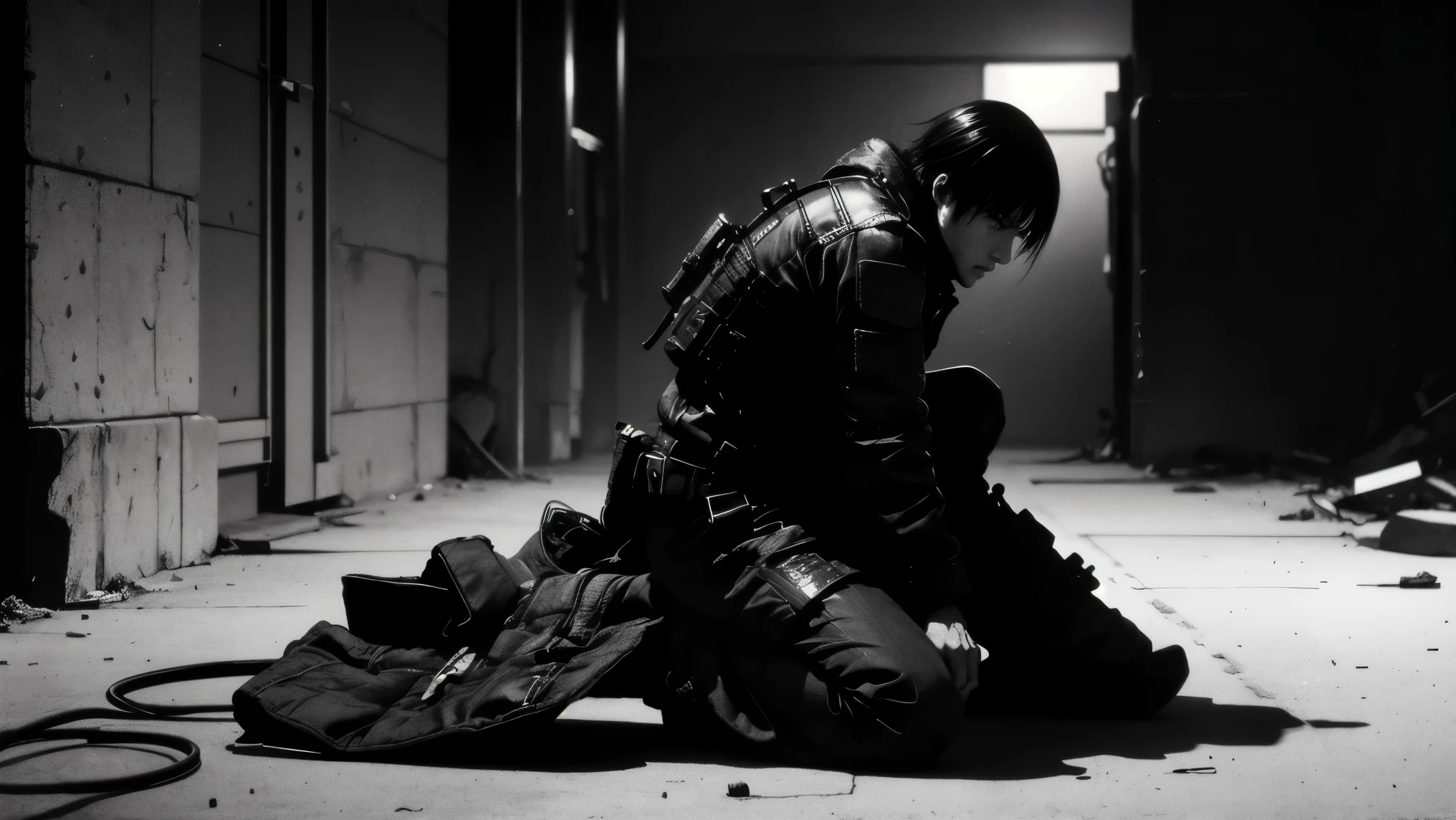 medium shot, 50mm lens,仰拍,side-front view,solo,blame, tsutomu nihei, by tsutomu nihei,movie, killy, cibo, GBE,1boy, killy, ova, 画面中心一只黑色战术装备的手套手持握GBE,瞄准了前方,它的枪口冒着红光蓄势待发,背景是超现实空间, realistic anatomical proportions, inspired by Tsutomu Nihei's BLAME!, ultra-detailed illustration, monochrome palette with red highlights, cinematic lighting, high contrast shadows, ink-style rendering